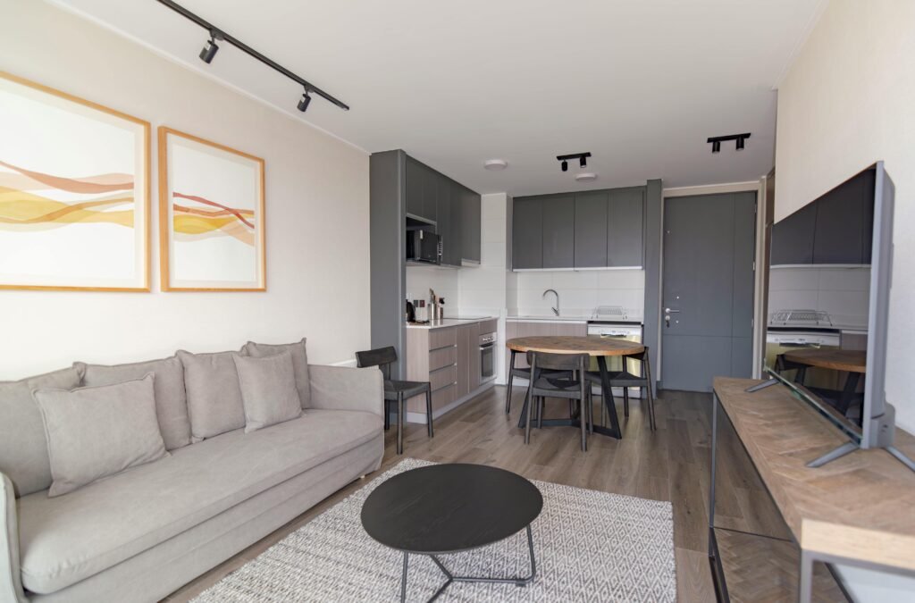 Elegant modern living space with grey couch, minimalist decor, and open kitchenette.