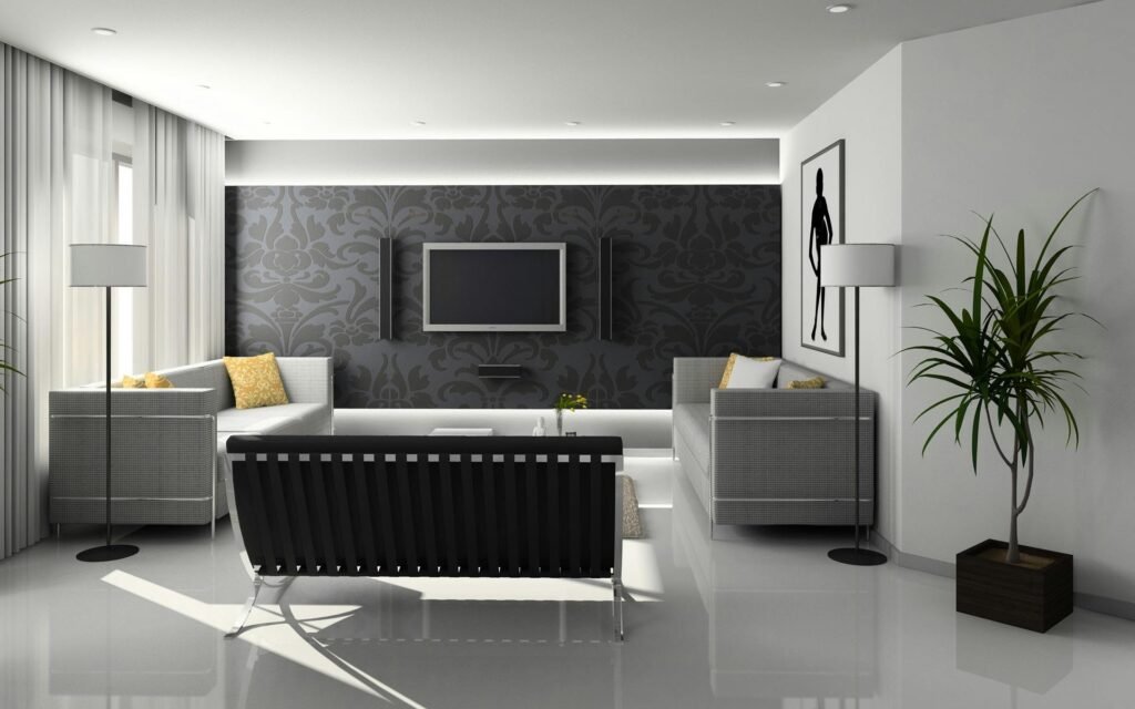 A sleek and modern living room with minimalist decor and monochrome theme.