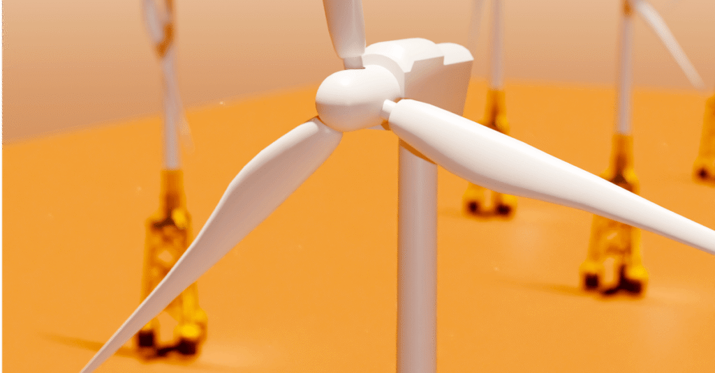 Abstract composition of wind turbines on an orange gradient backdrop.