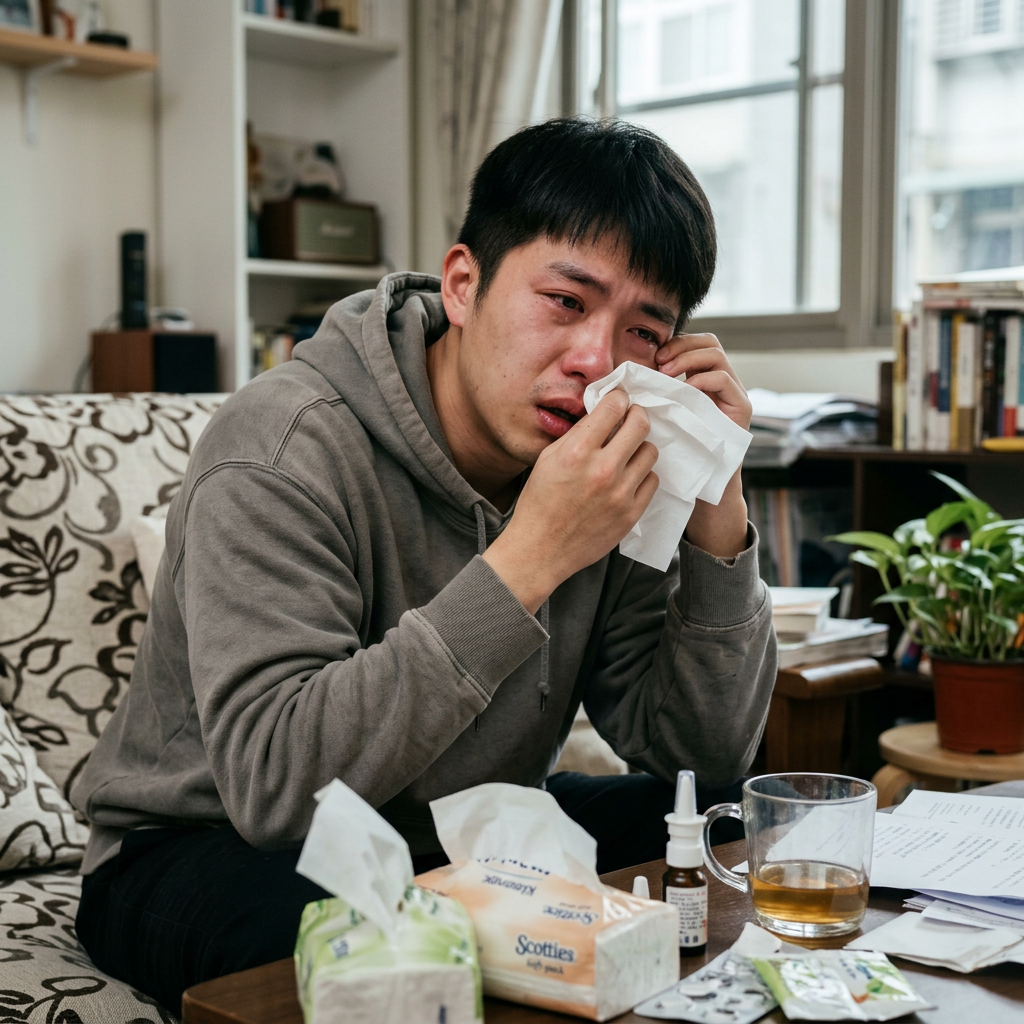 Sick man wiping tears with tissues while seated at home